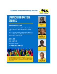 JNA NCAHM EVENT FLYER JAMAICAN MIGRATION STORIES by BEVERLEY EAST - AUTHOR - Elaine Knight
